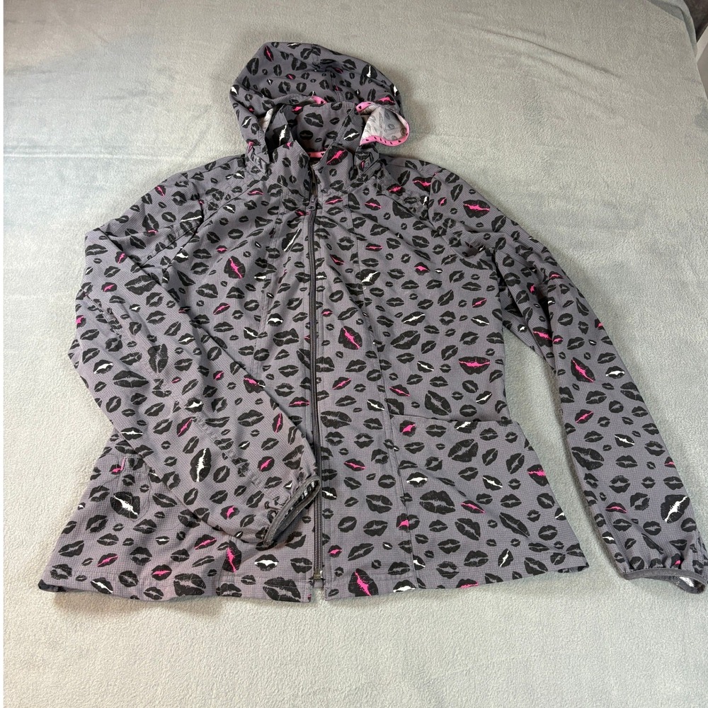 Heartsoul Scrub Jacket Womens Medium Grey Lip Print Hooded Zip Up 20313 LETA